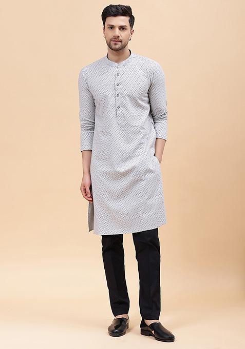 Silver Printed Cotton Kurta For Men