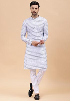 White And Blue Printed Straight Kurta For Men