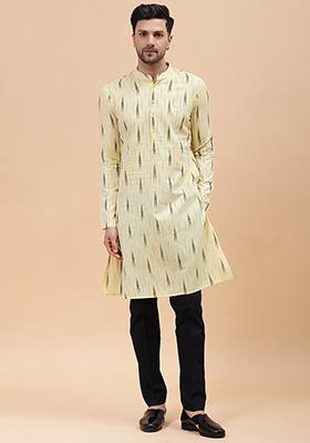Cream Printed Cotton Kurta For Men