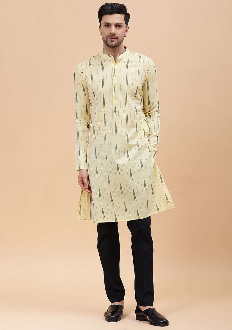 Cream Printed Cotton Kurta For Men - Indya