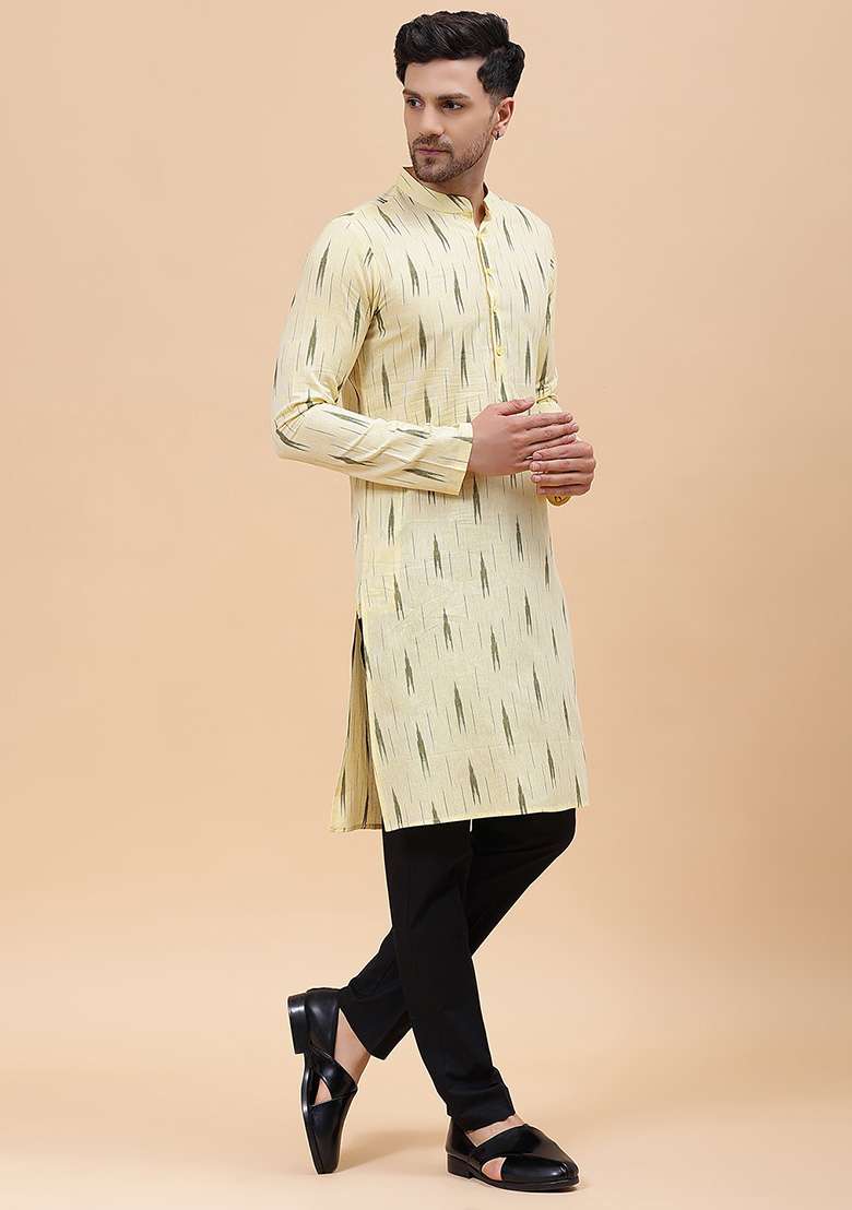 Cream Printed Cotton Kurta For Men - Indya
