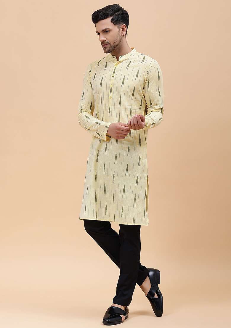 Cream Printed Cotton Kurta For Men - Indya