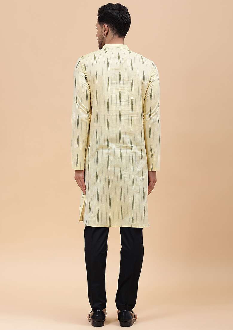 Cream Printed Cotton Kurta For Men - Indya