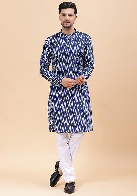 Navy Blue And White Printed Pure Cotton Kurta For Men