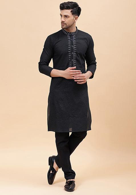 Black Woven Design Straight Kurta For Men