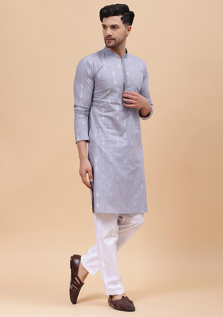 Grey Embroidered Straight Kurta For Men