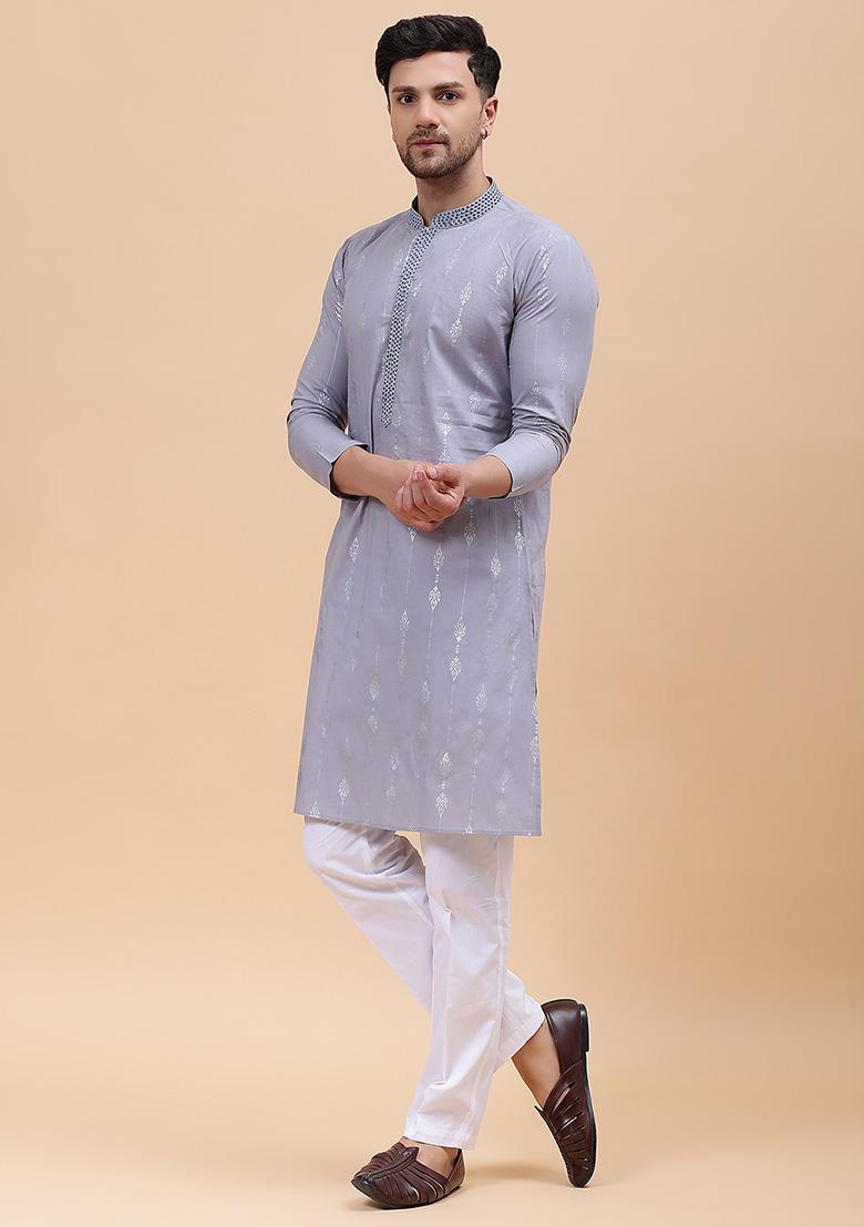 Grey Embroidered Straight Kurta For Men