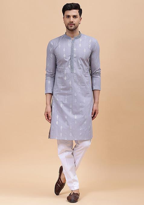 Grey Embroidered Straight Kurta For Men