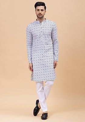 White Embroidered Pure Cotton Kurta For Men