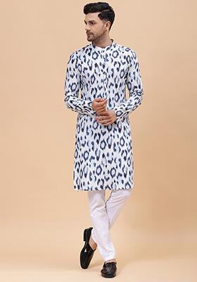 White And Blue Printed Pure Cotton Straight Kurta For Men