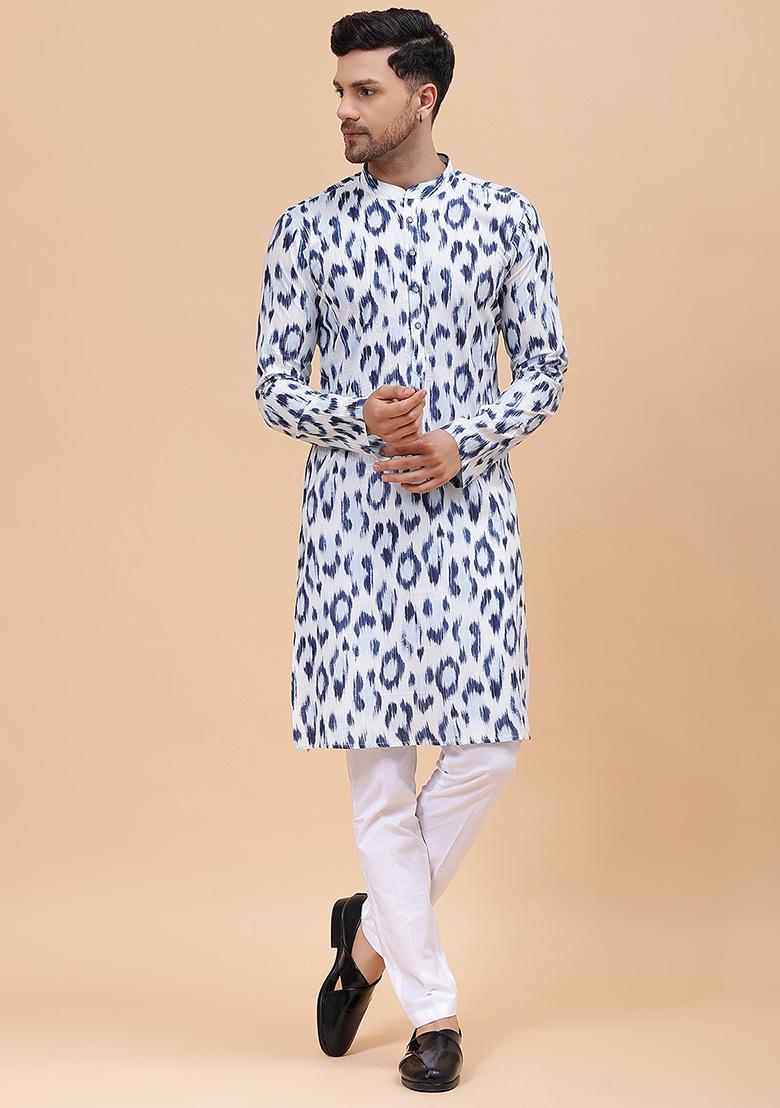 White And Blue Printed Pure Cotton Straight Kurta For Men