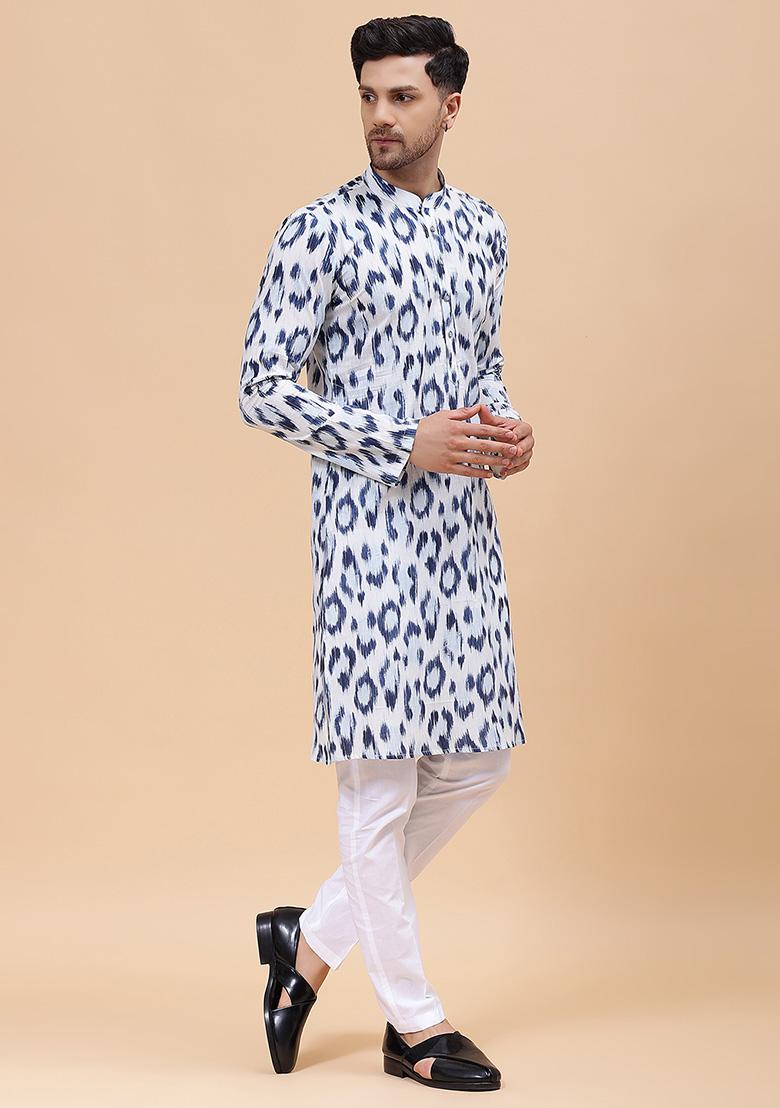 White And Blue Printed Pure Cotton Straight Kurta For Men