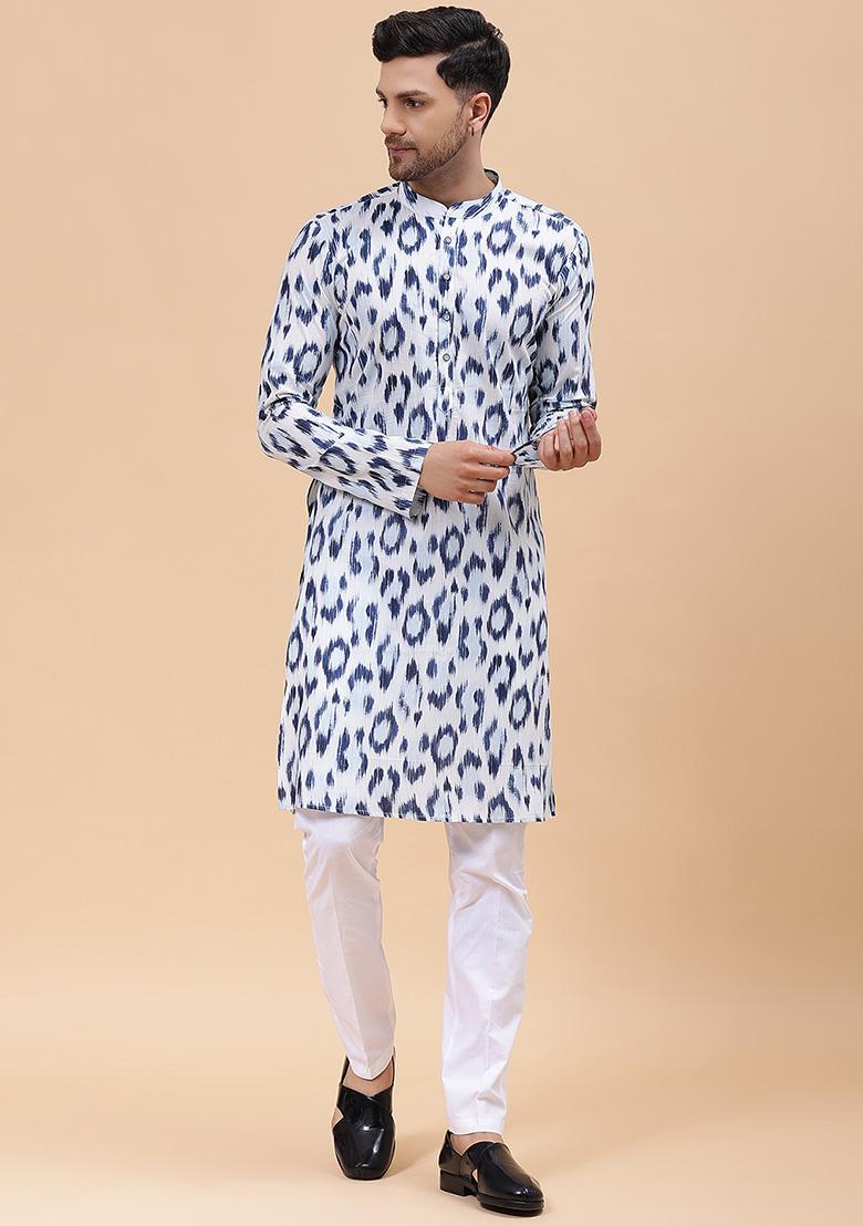 White And Blue Printed Pure Cotton Straight Kurta For Men