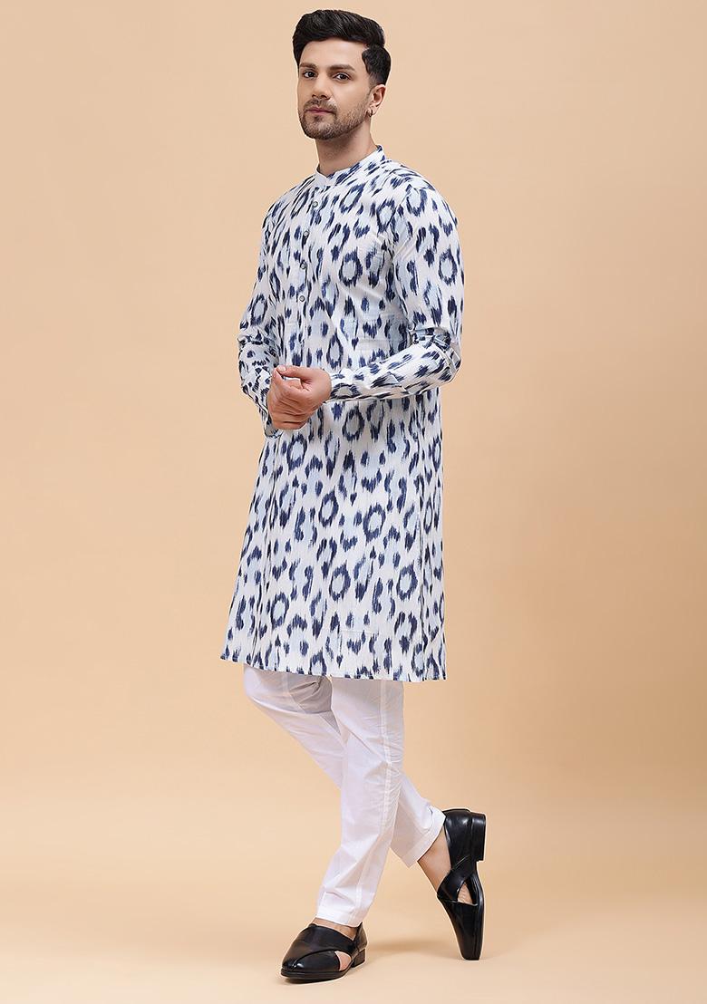 White And Blue Printed Pure Cotton Straight Kurta For Men