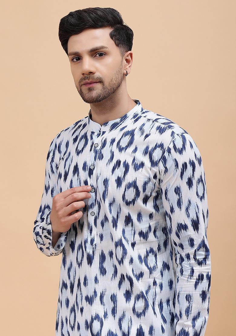 White And Blue Printed Pure Cotton Straight Kurta For Men