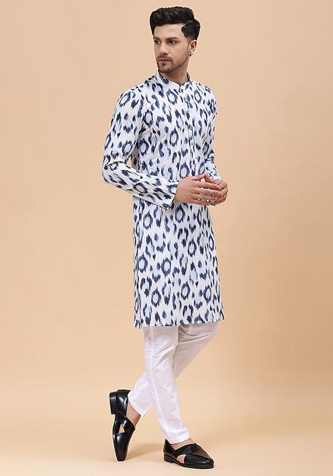 White And Blue Printed Pure Cotton Straight Kurta For Men
