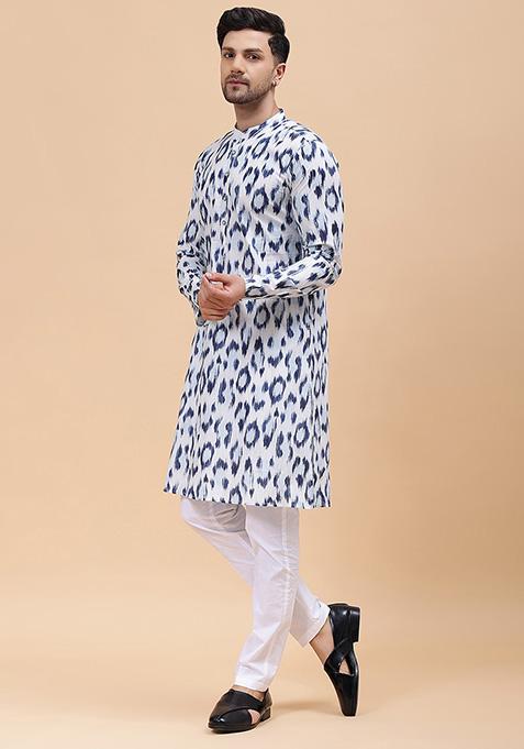 White And Blue Printed Pure Cotton Straight Kurta For Men