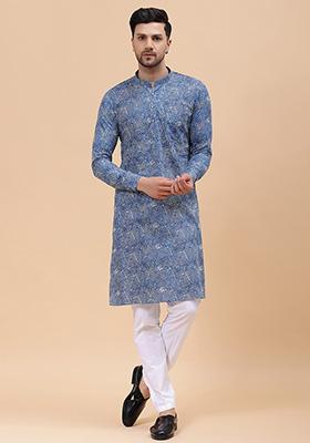 Blue Printed Straight Kurta For Men