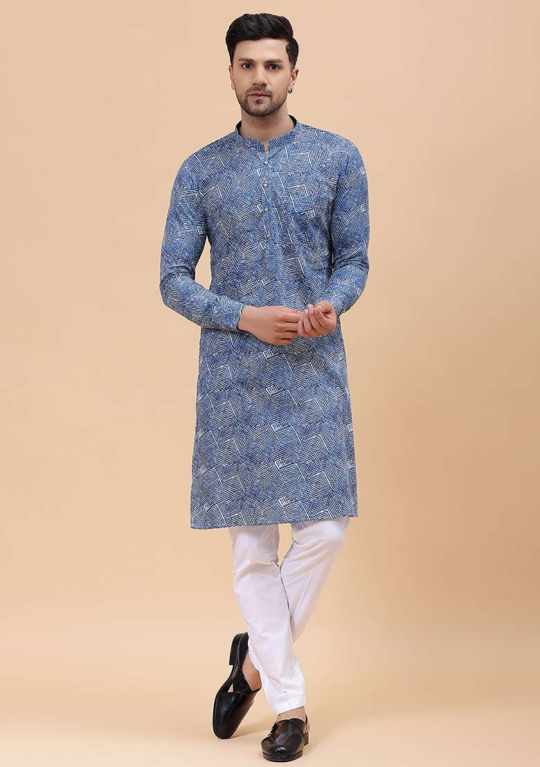 Blue Printed Straight Kurta For Men - Indya