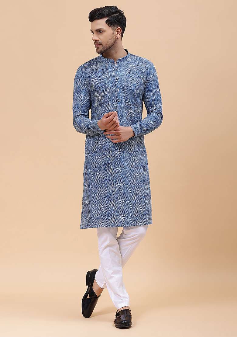 Blue Printed Straight Kurta For Men - Indya