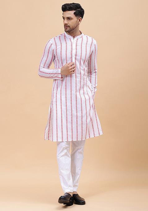 White And Pink Embroidered Pure Cotton Kurta For Men