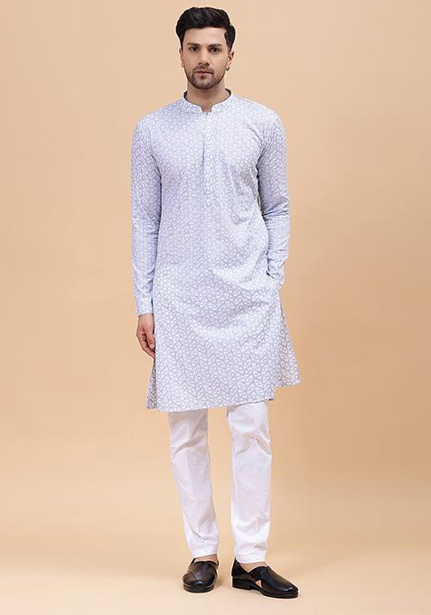 White And Grey Embroidered Cotton Kurta For Men