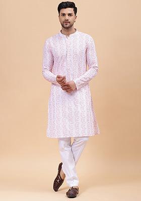 White And Orange Embroidered Cotton Kurta For Men