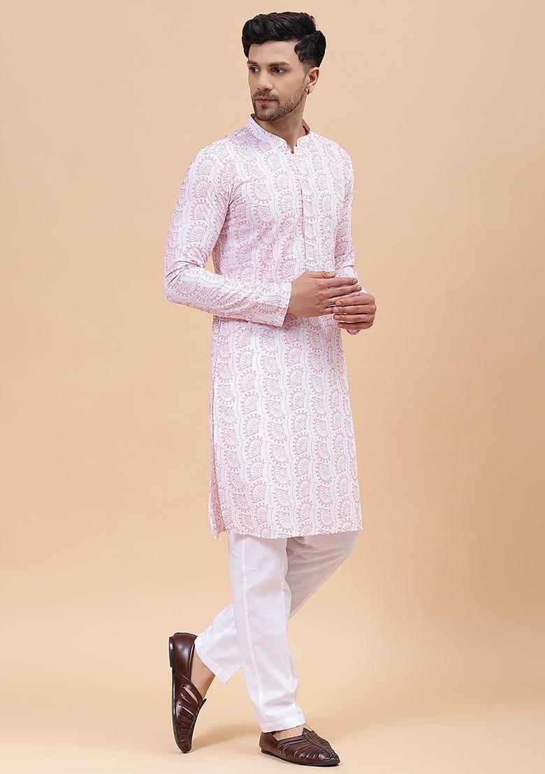 White And Orange Embroidered Cotton Kurta For Men