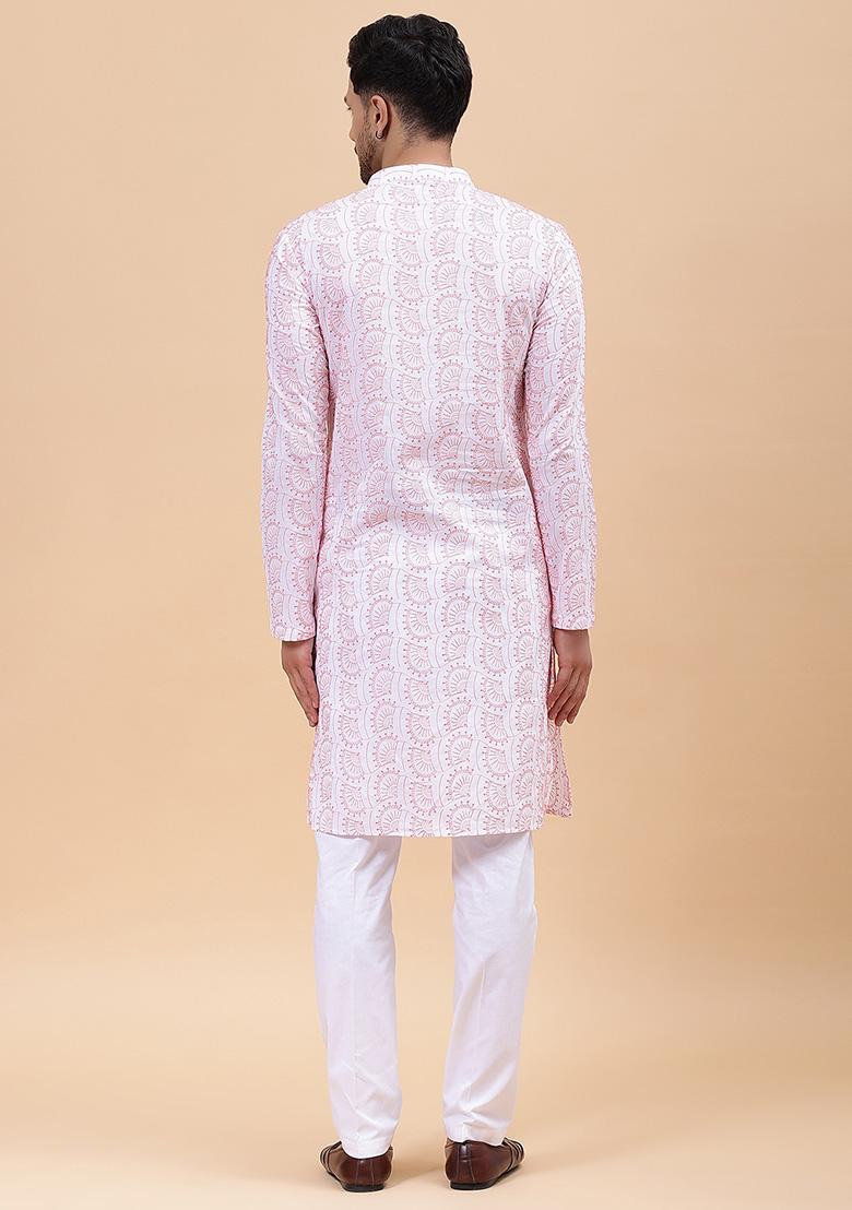 White And Orange Embroidered Cotton Kurta For Men