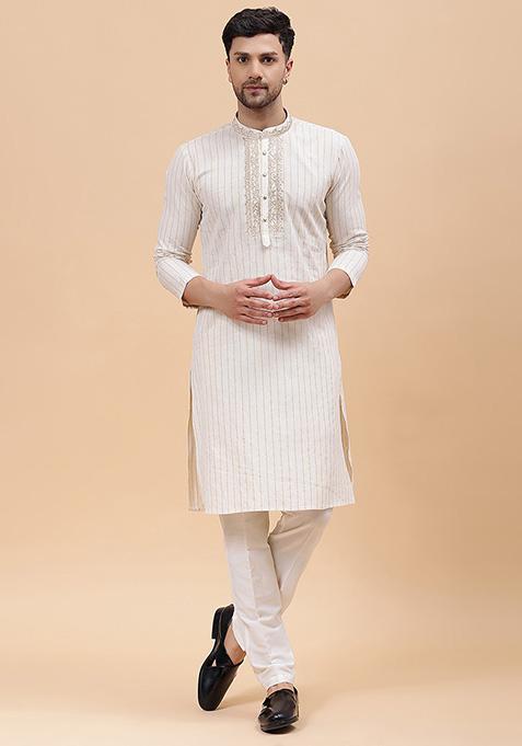 Beige Embroidered Pure Cotton Kurta For Men