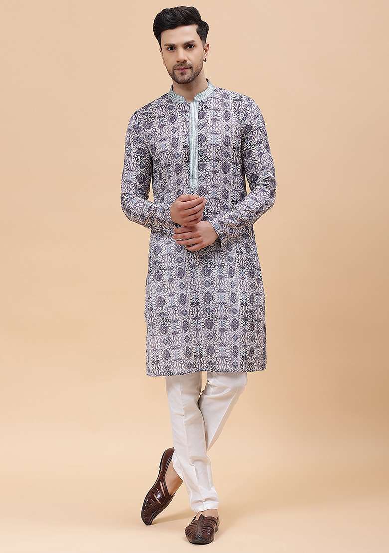 Sky Blue Printed Cotton Kurta For Men - Indya