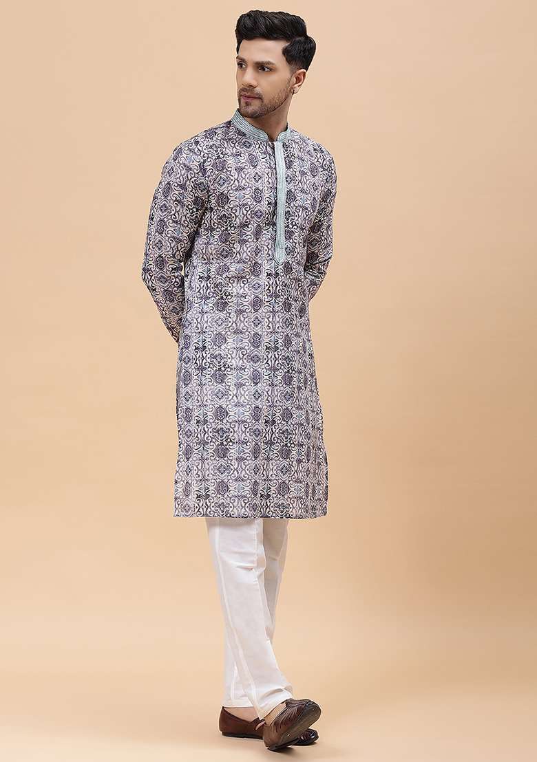 Sky Blue Printed Cotton Kurta For Men - Indya