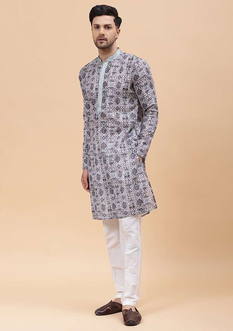 Sky Blue Printed Cotton Kurta For Men - Indya