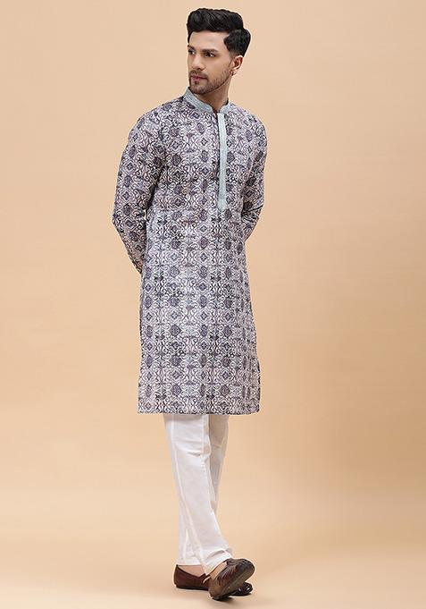 Combo of 3 Men Kurtas Stripe Cotton Handloom Sky Blue Green and Sky Blue main image 0