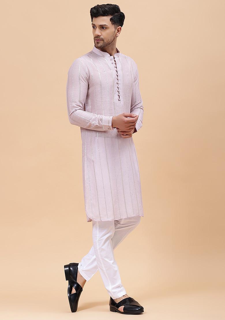 Pink Zari Work Cotton Kurta For Men