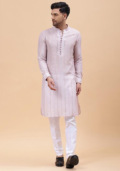 Pink Zari Work Cotton Kurta For Men