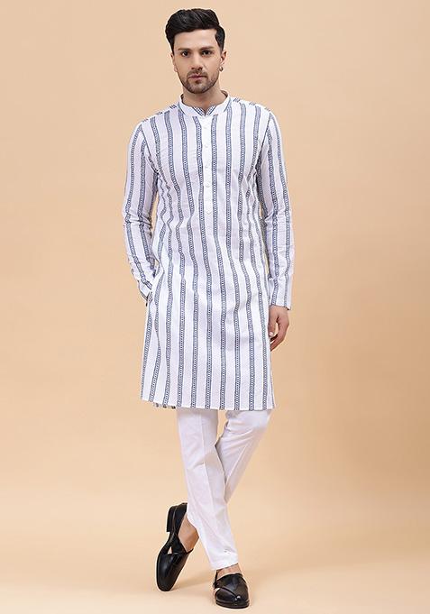 White And Blue Embroidered Pure Cotton Kurta For Men
