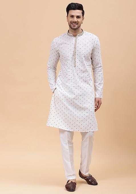 Off White Embroidered Pure Cotton Kurta For Men