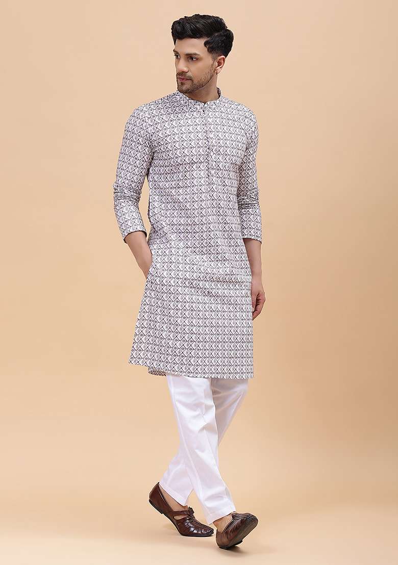 White Cotton Embroidered Kurta For Men - Indya