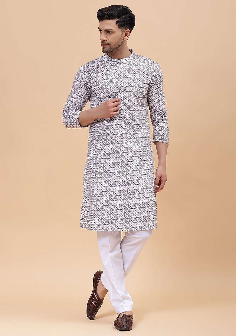 White Cotton Embroidered Kurta For Men - Indya