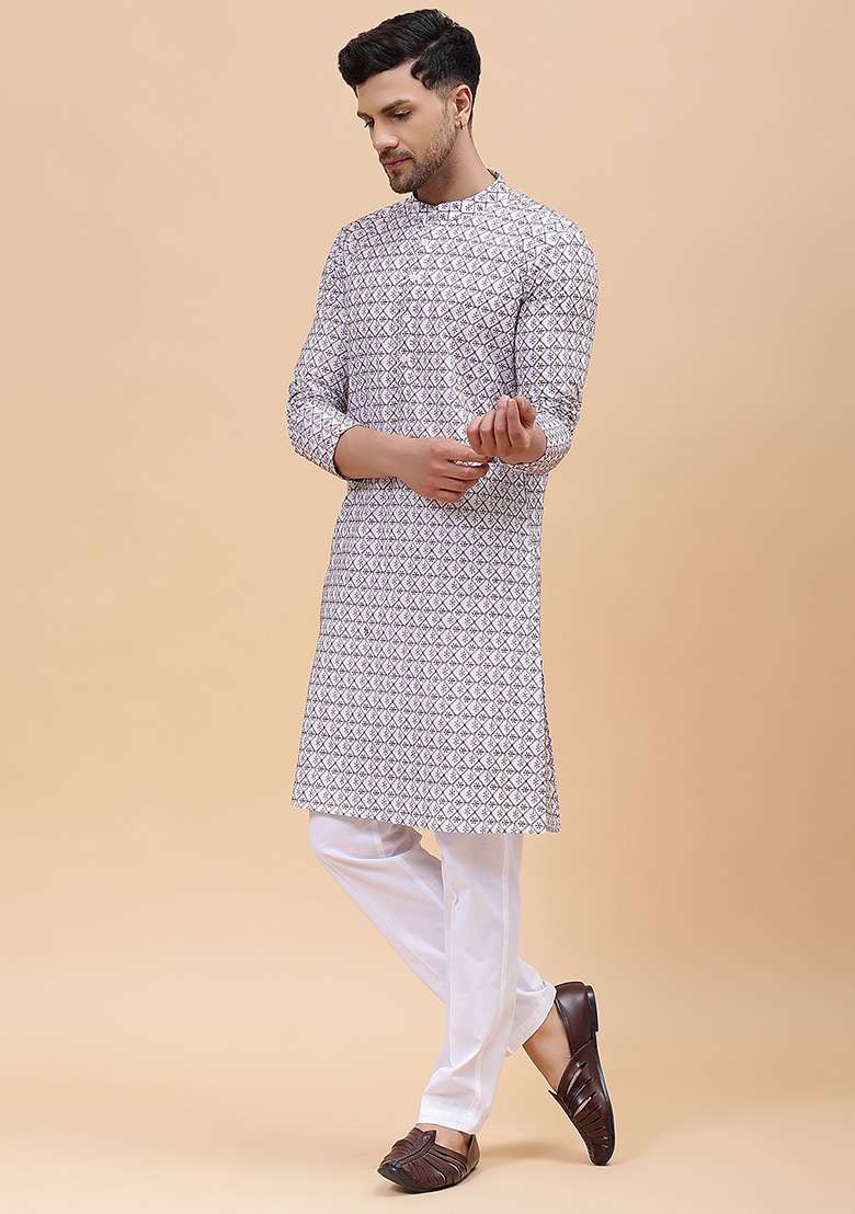 White Cotton Embroidered Kurta For Men - Indya