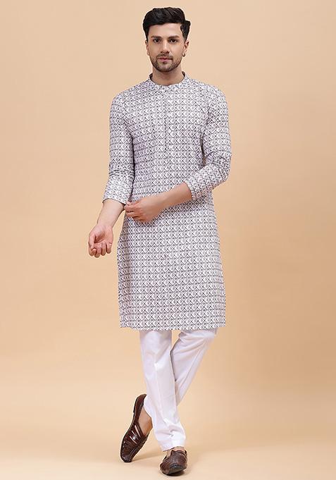 White Cotton Embroidered Kurta For Men