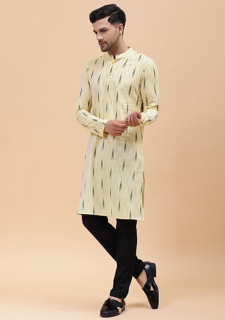 Cream Printed Cotton Kurta Set For Men