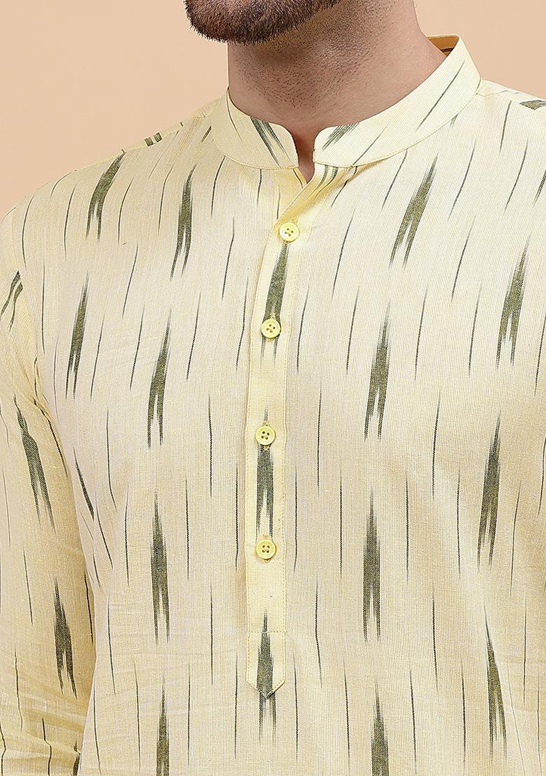 Cream Printed Cotton Kurta Set For Men