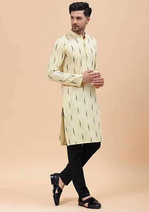 Cream Printed Cotton Kurta Set For Men