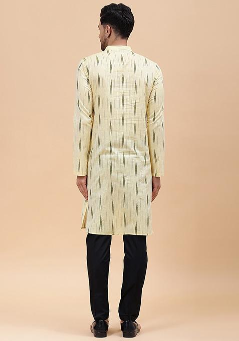 Cream Printed Cotton Kurta Set For Men