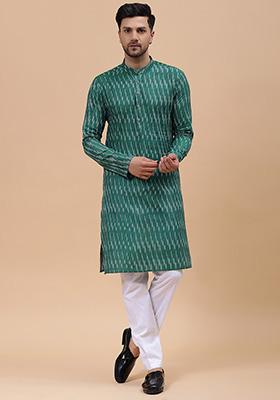Green Printed Cotton Kurta Set For Men