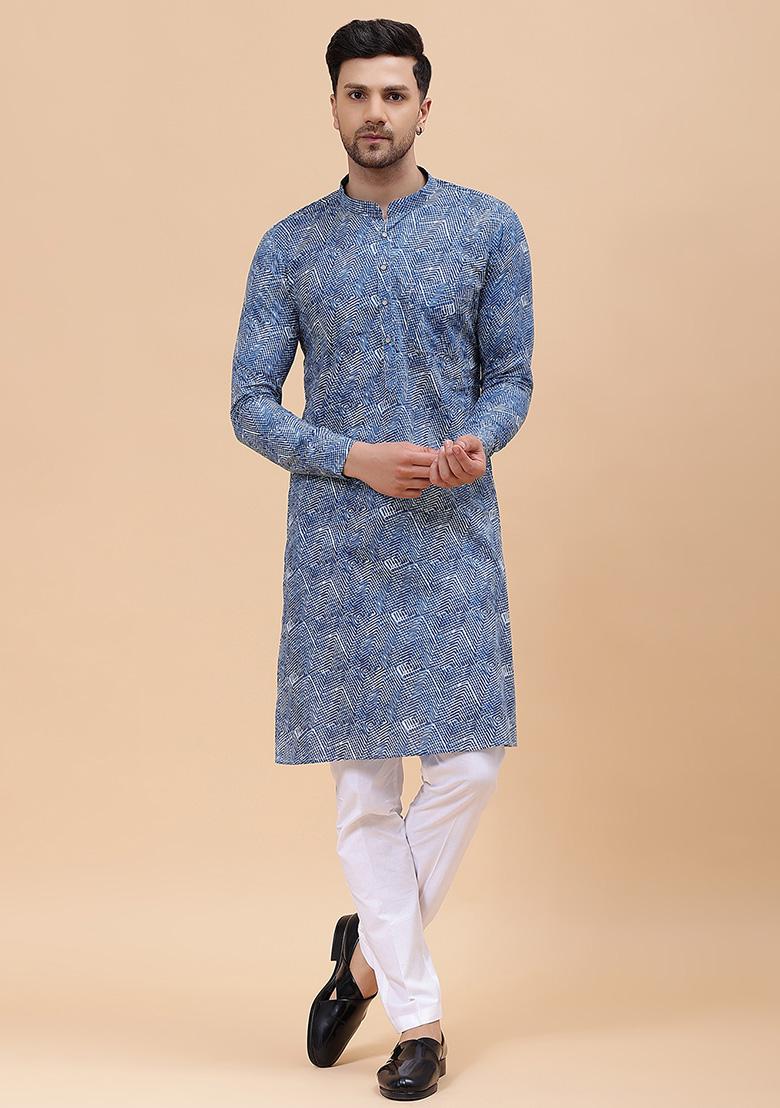 Blue Printed Cotton Straight Kurta Set For Men