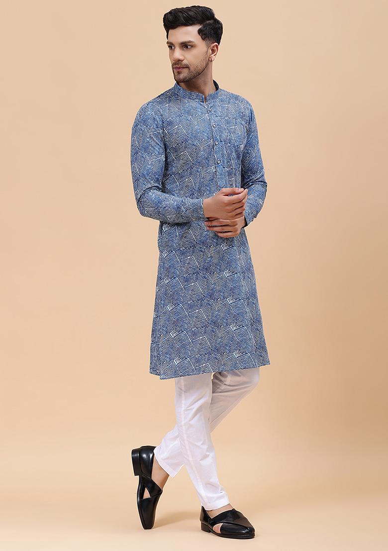Blue Printed Cotton Straight Kurta Set For Men