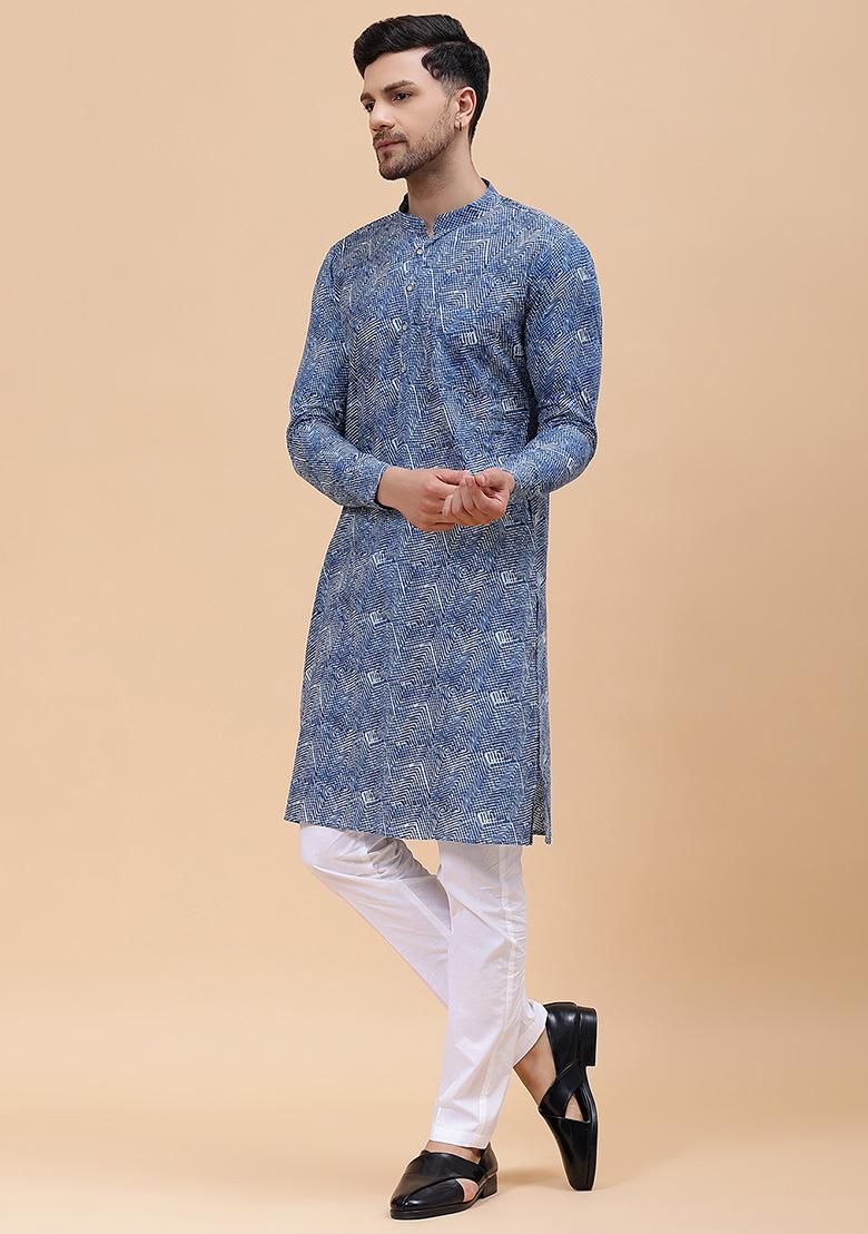 Blue Printed Cotton Straight Kurta Set For Men